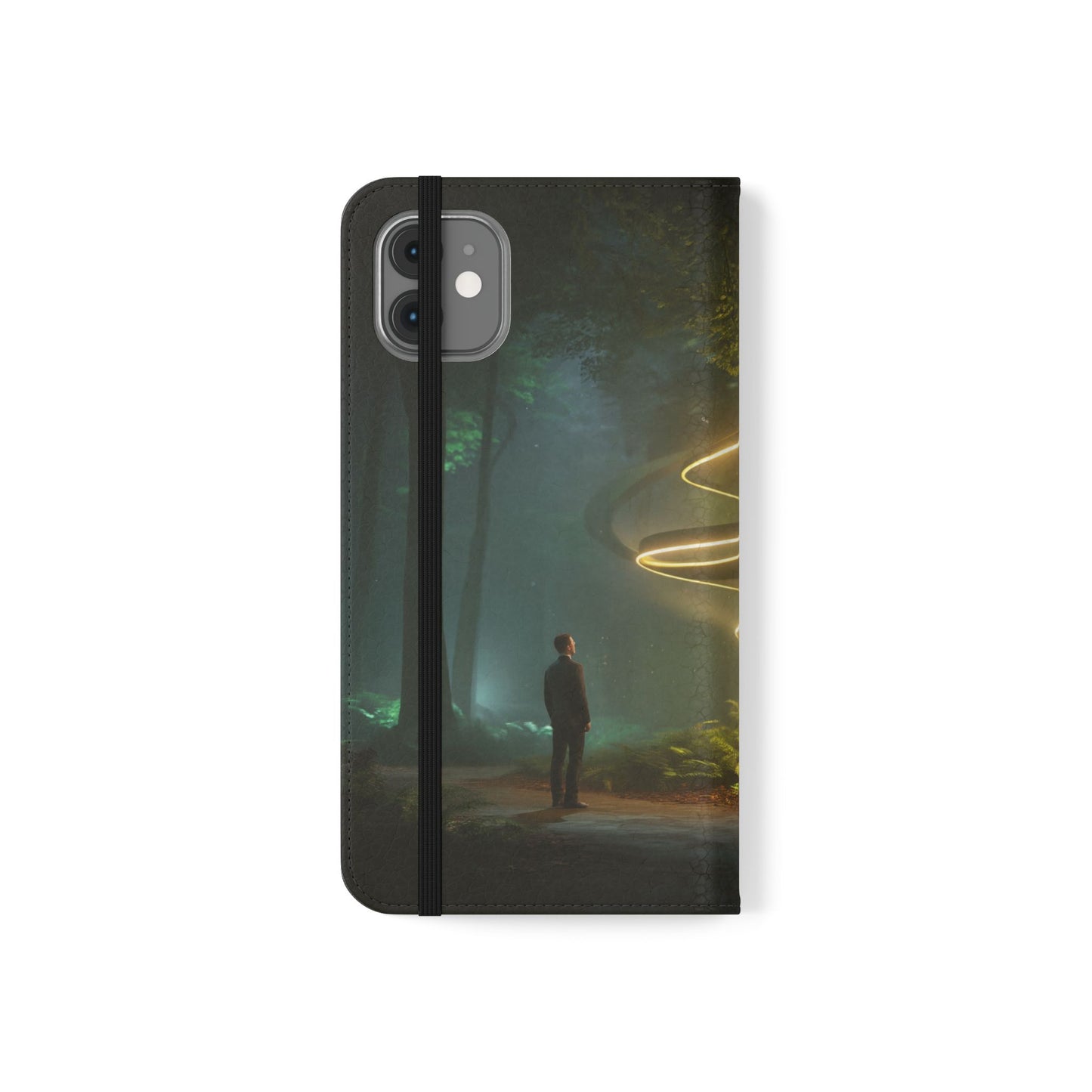 Luminous Spiral Forest Flip Cases – Golden Light Rings Mystery Scene