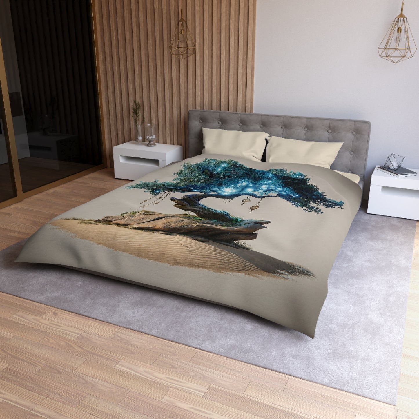 Luminescent Wisdom Tree Microfiber Duvet Cover – Desert Oasis with Glowing Canopy