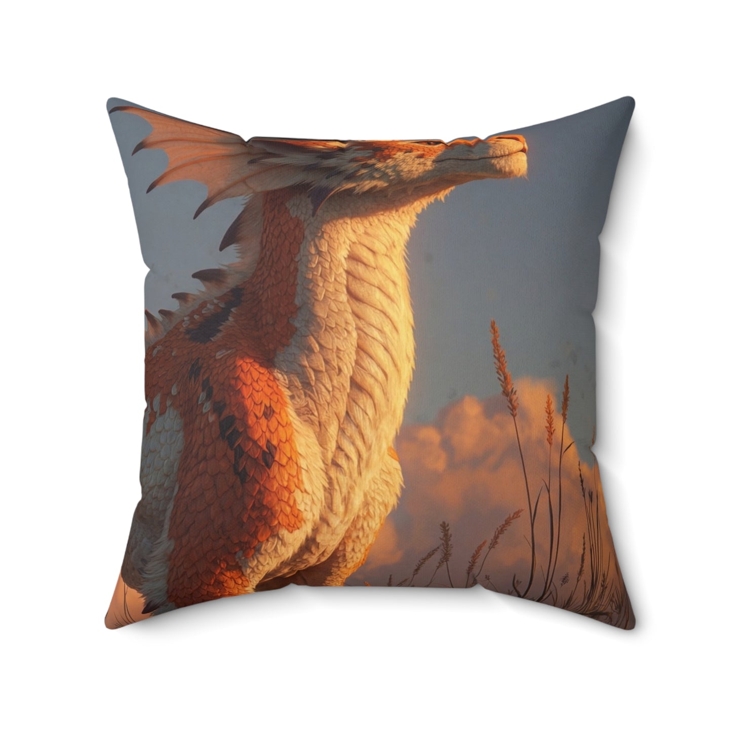 Sunset Sentinel Dragon Spun Polyester Square Pillow – Warm Amber Glow in Wild Grasses