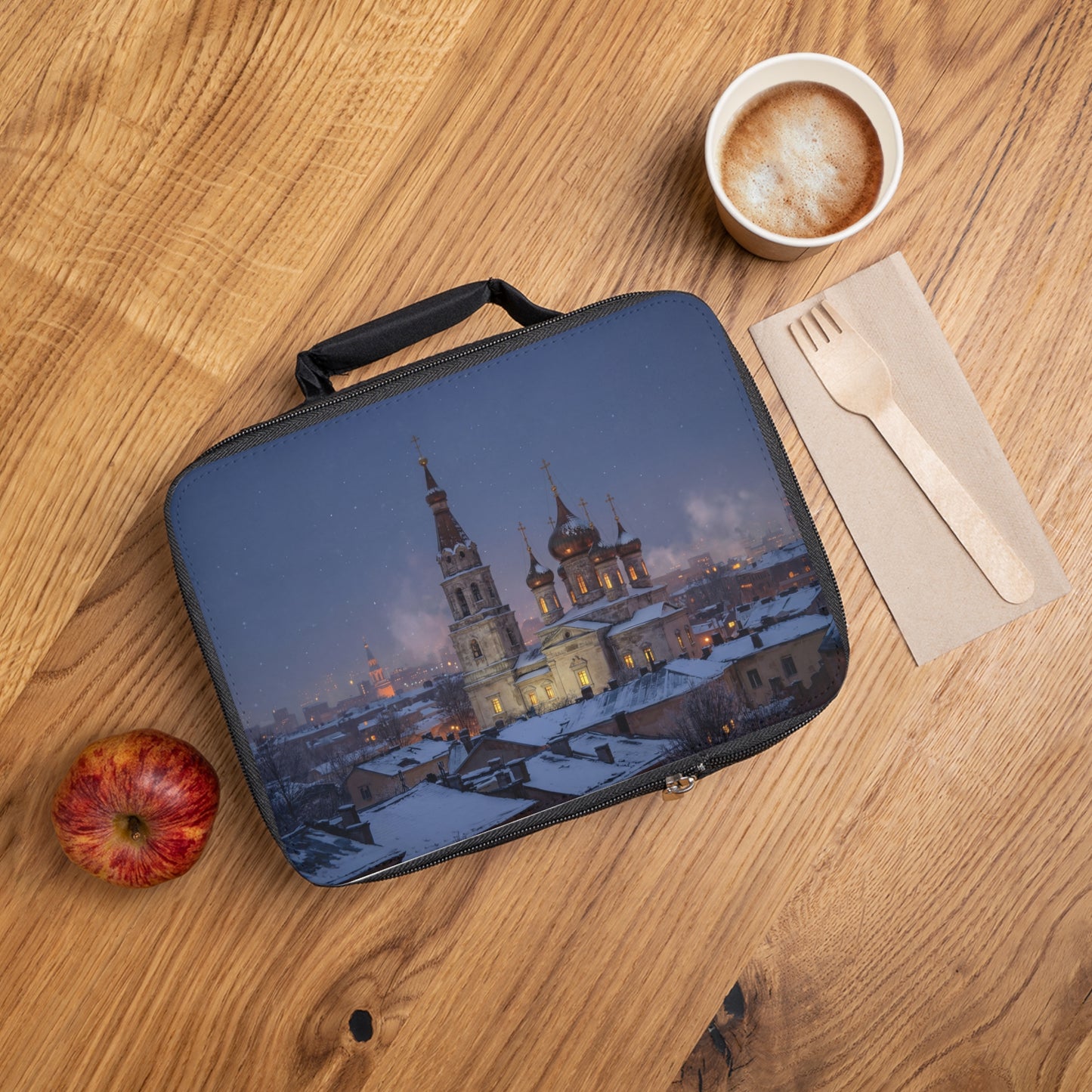 Winter Cathedral Snowscape Lunch Bag – City Lights Beneath Starry Skies