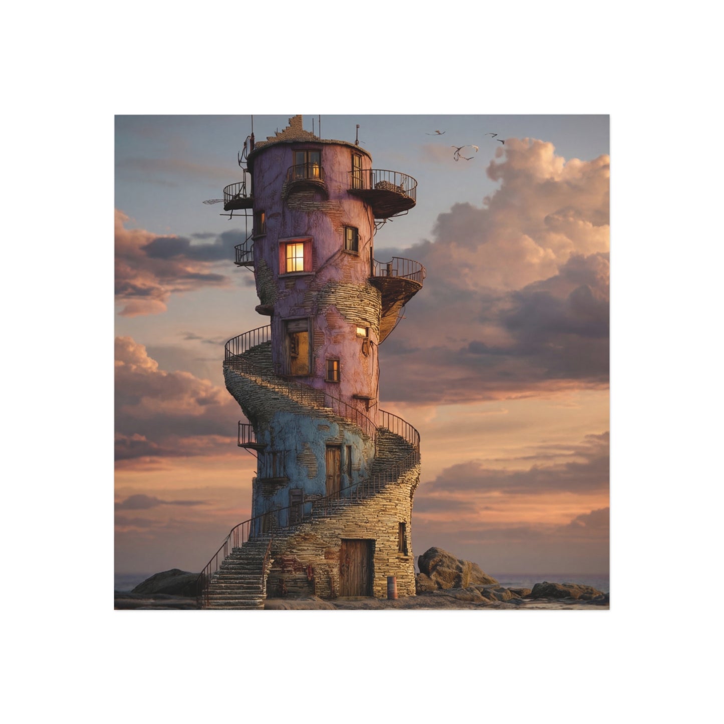 Coastal Lighthouse Tower Magnet – Sunset Sentinel on Rocky Shore