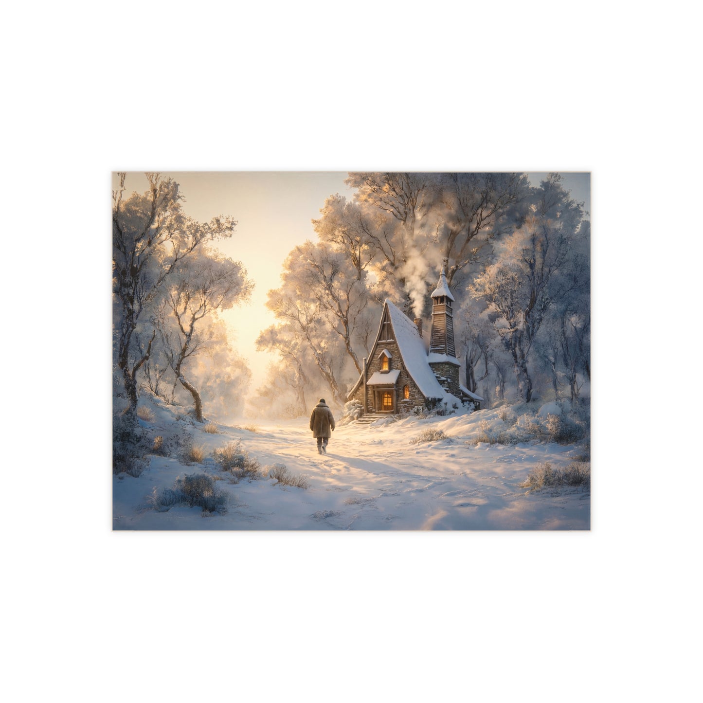 Winter Solstice Cottage Ceramic Photo Tile – Warm Light Through Frosty Woods