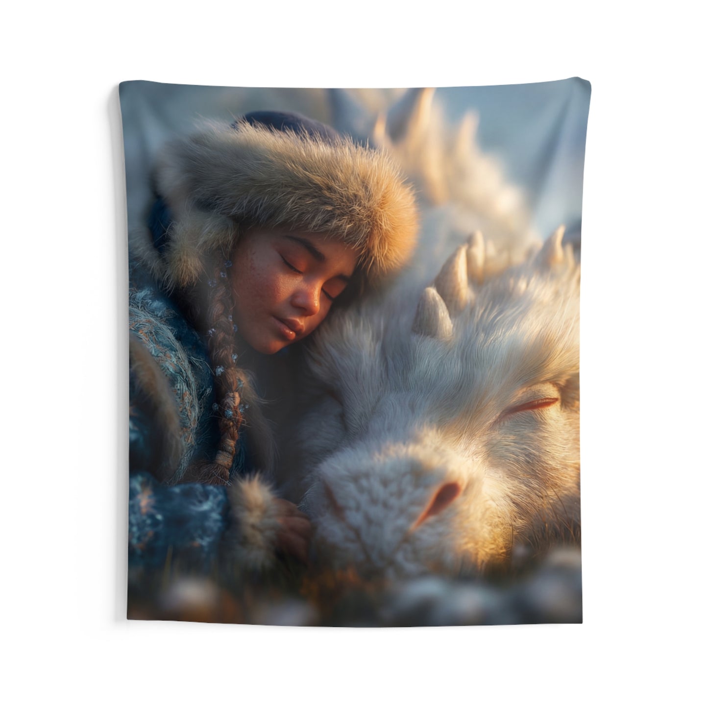 Winter’s Whisper Indoor Wall Tapestries – Child and Dragon in Frost Bloom