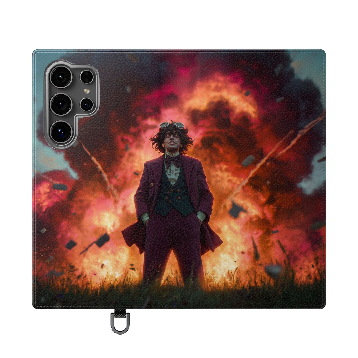 Goggles & Chaos Flip Cases – Purple Suit Amidst Fiery Explosion