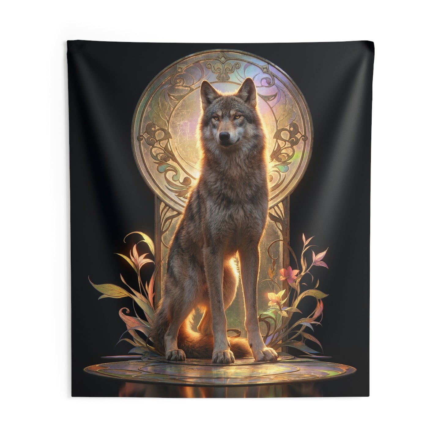 Regal Wolf Throne Tapestry – Golden Light and Art Nouveau Grace