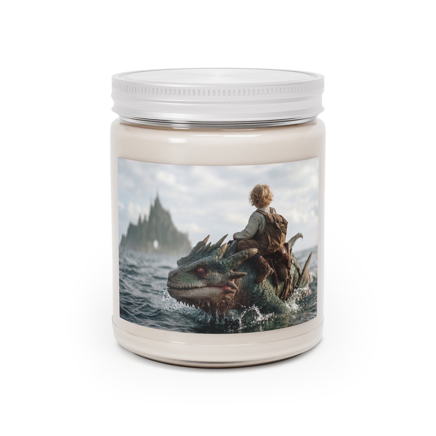 Sea Dragon Rider Scented Soy Candles with White Lid, 9oz – Salt-Kissed Fantasy Voyage