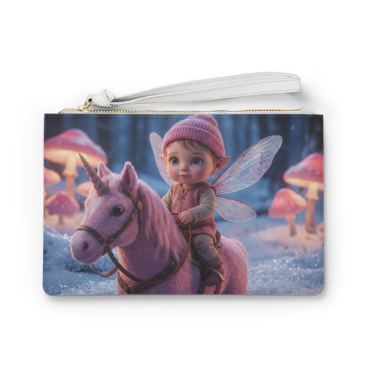 Pink Unicorn Rider Clutch Bag – Snow-Dusted Fairy Quest