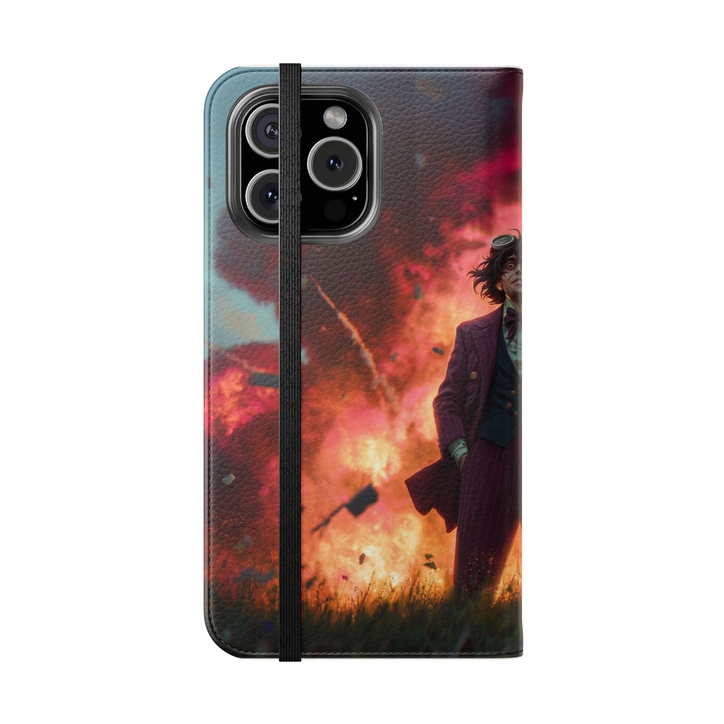 Goggles & Chaos Flip Cases – Purple Suit Amidst Fiery Explosion