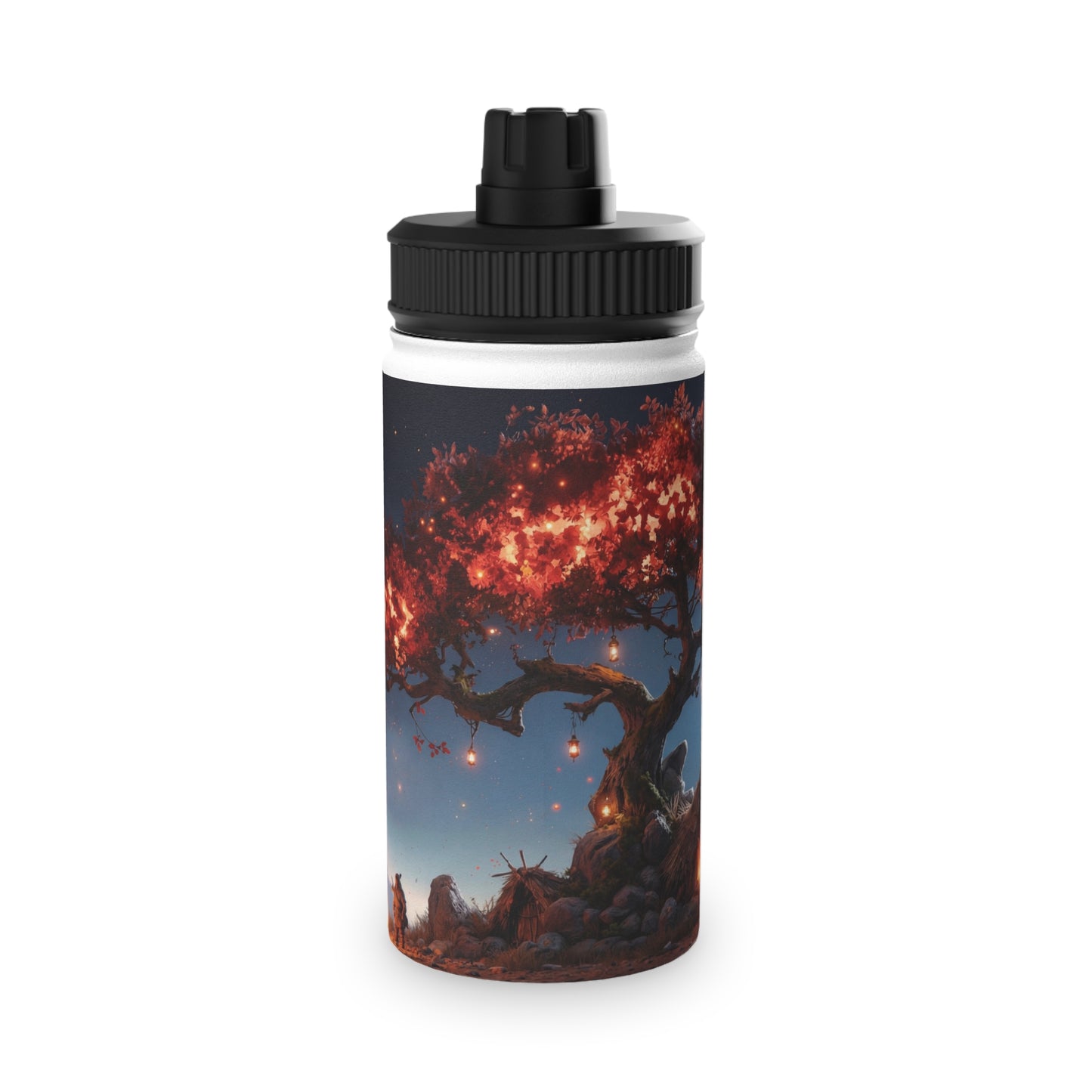Whispering Ember Tree Stainless Steel Water Bottle, Sports Lid – Moonlit Campfire Sanctuary