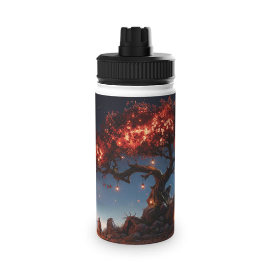 Whispering Ember Tree Stainless Steel Water Bottle, Sports Lid – Moonlit Campfire Sanctuary