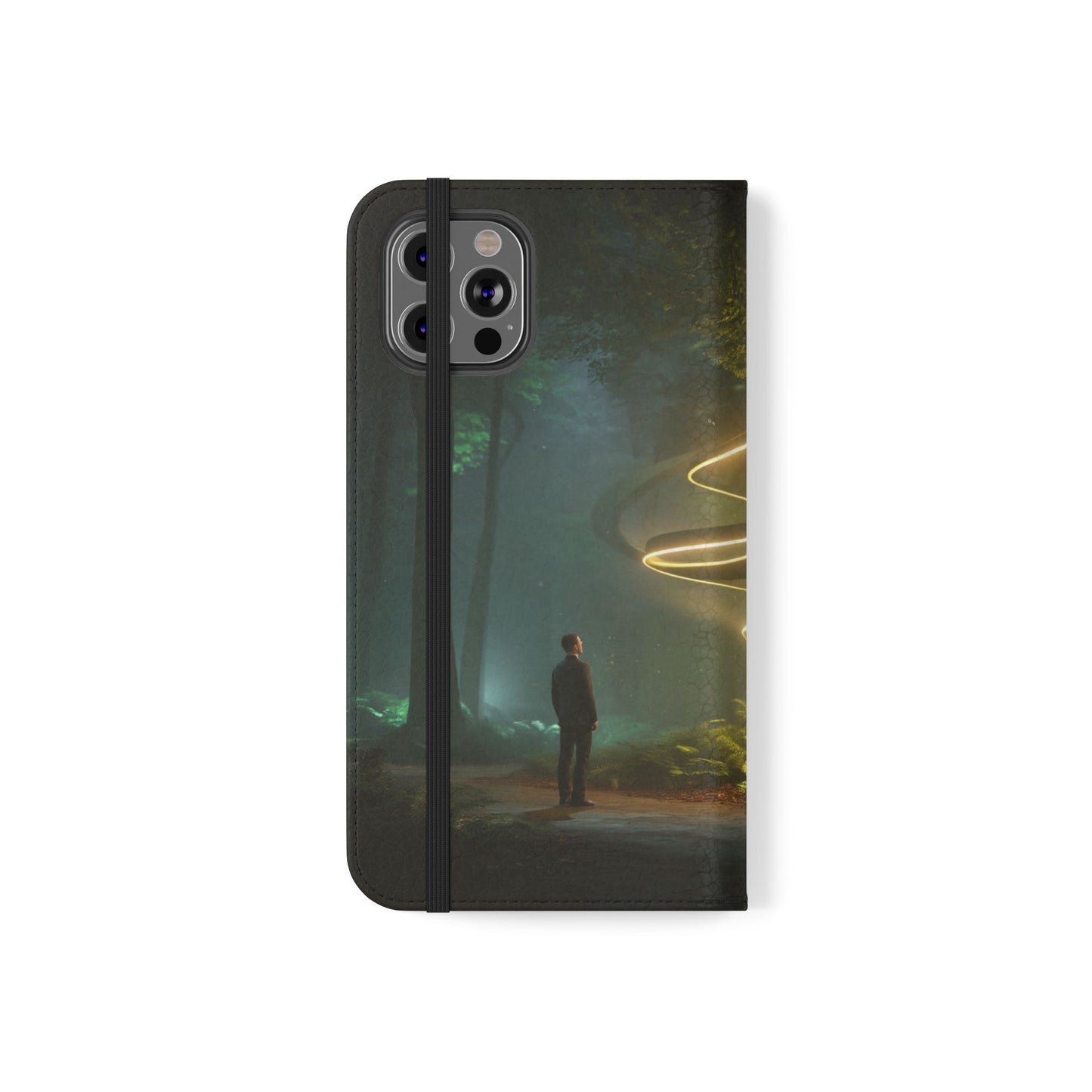 Luminous Spiral Forest Flip Cases – Golden Light Rings Mystery Scene