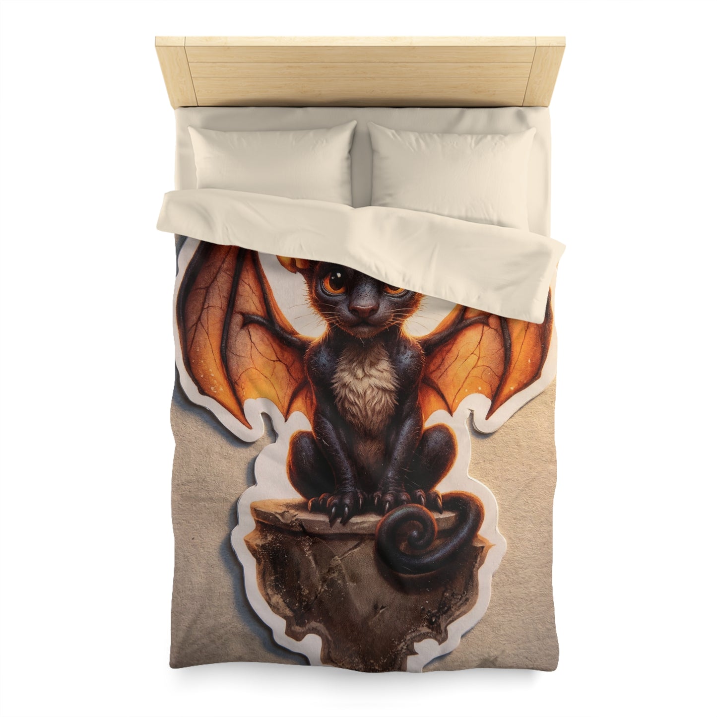 Winged Feline Guardian Microfiber Duvet Cover – Amber Glow in Midnight Stillness