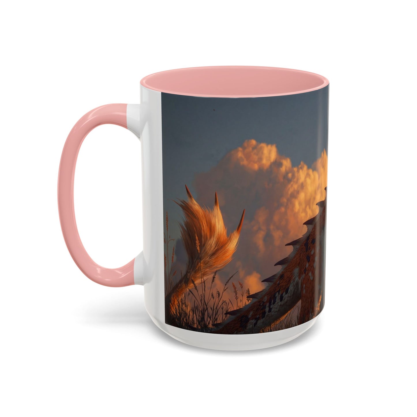 Sunset Dragon Accent Coffee Mug (11, 15oz) – Warm Ember Guardian in Golden Grasses