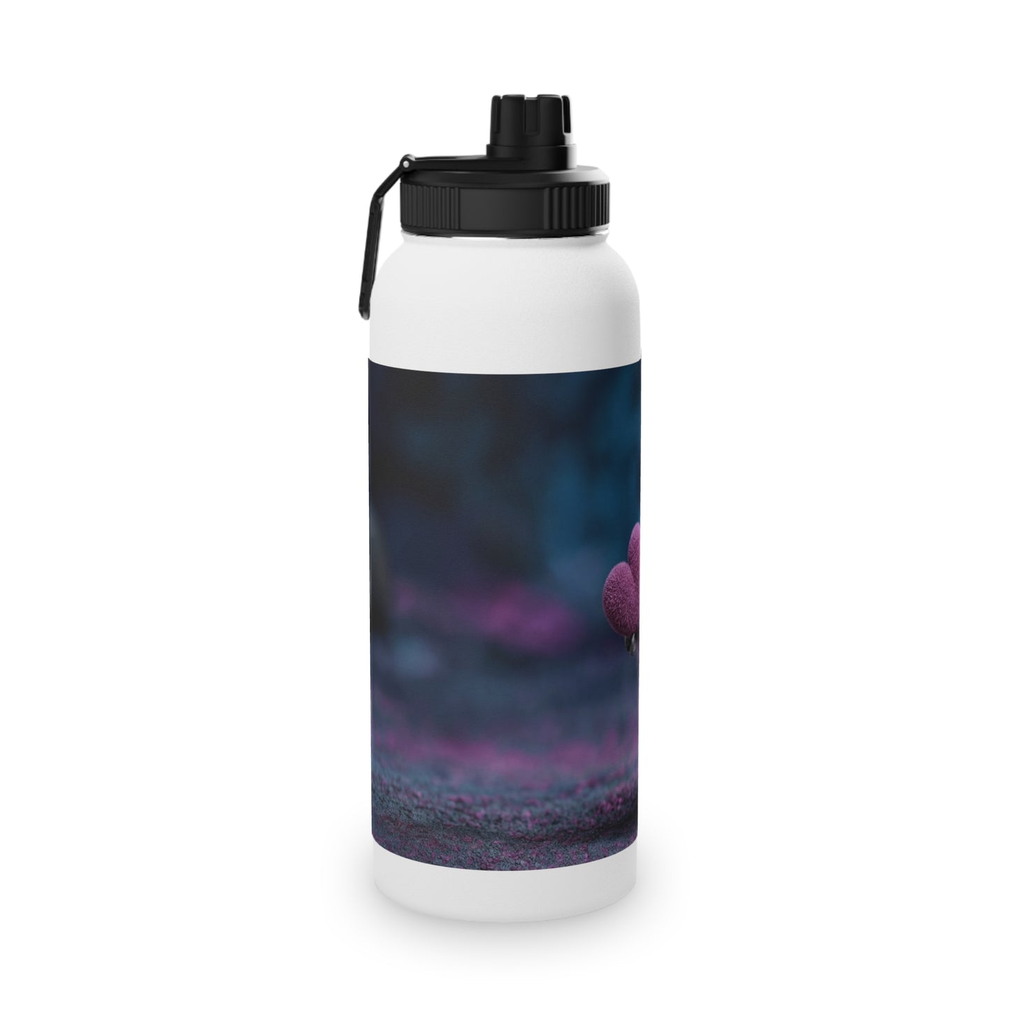Velvet Owl with Heart Stainless Steel Water Bottle, Sports Lid – Midnight Whimsy Companion