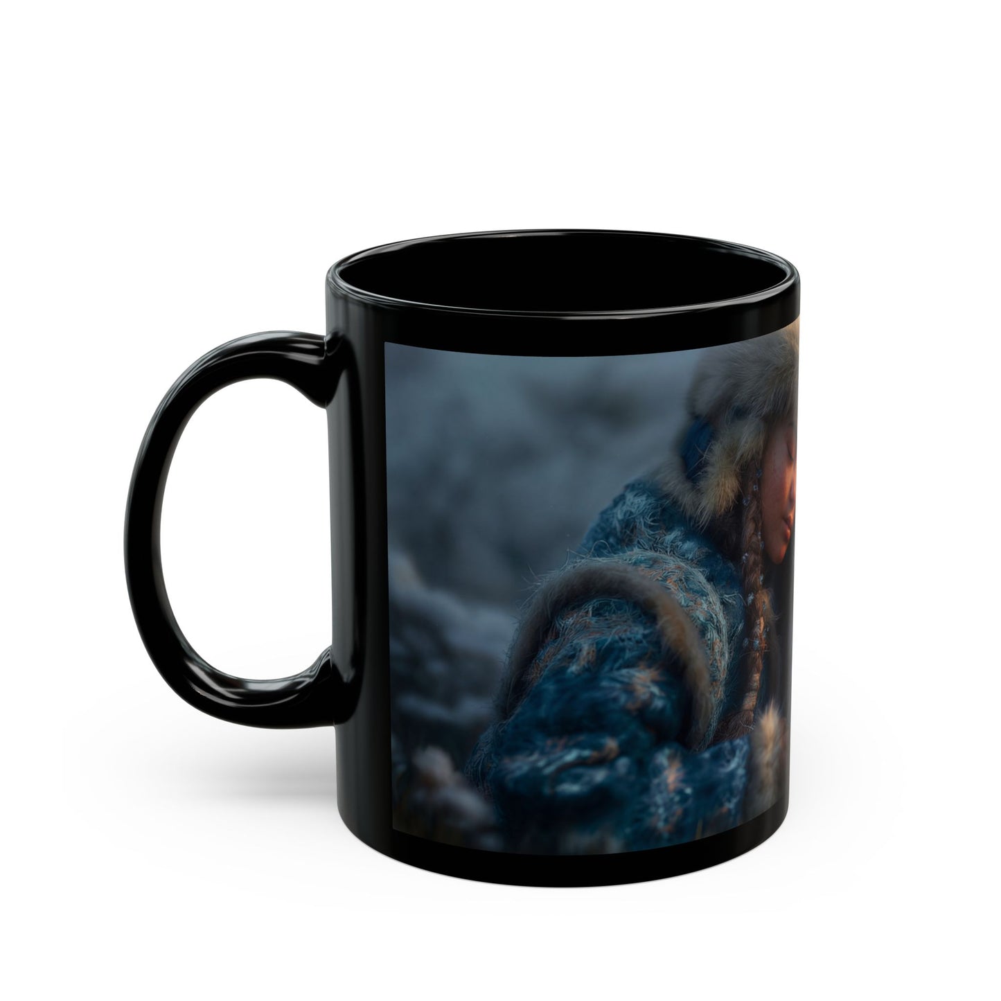 Winter’s Quiet Companion Black Mug – Snowdrift Embrace with Frost-Scaled Dragon