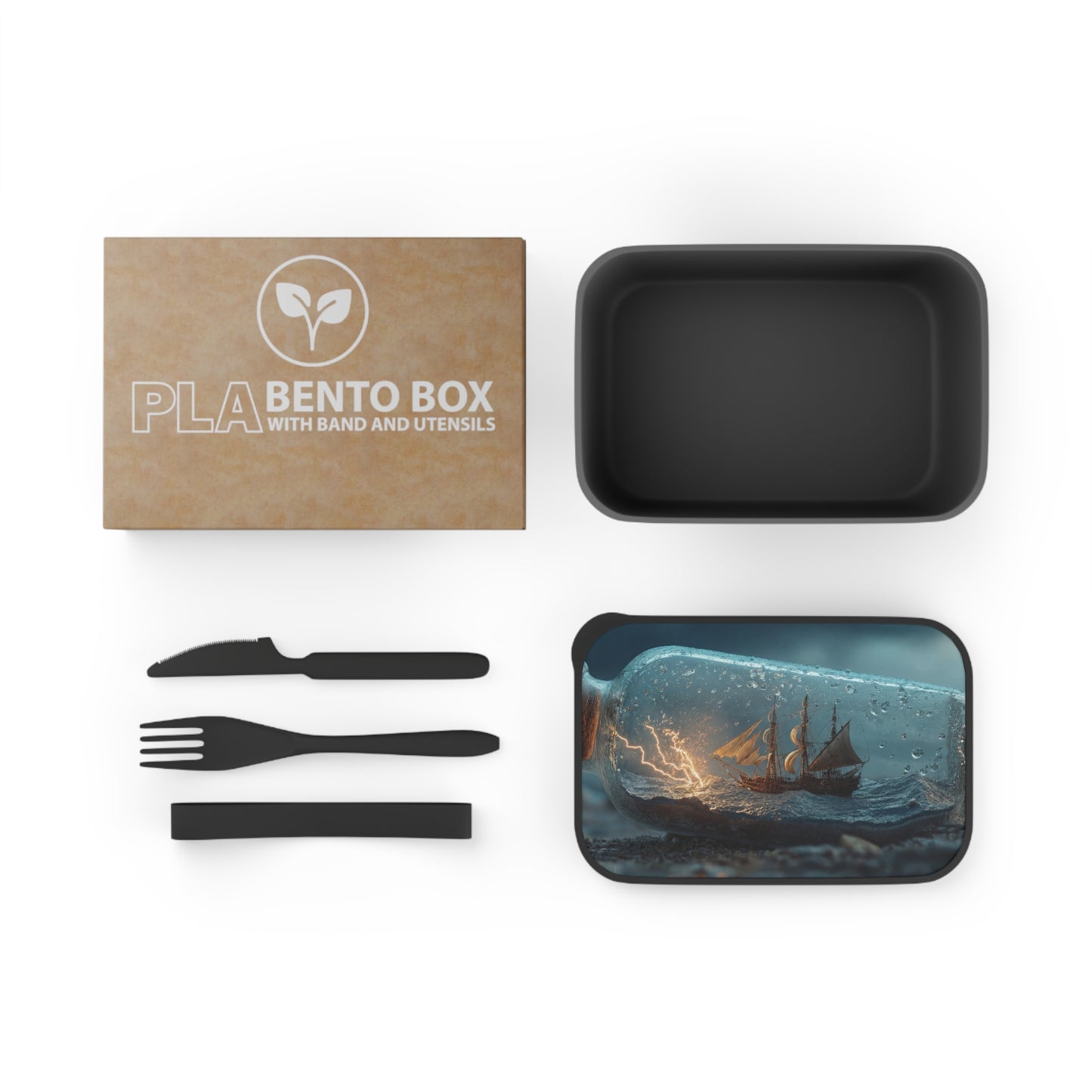 Storm-Sailed Ship in Bottle PLA Bento Box with Band and Utensils – Captured Gale Force