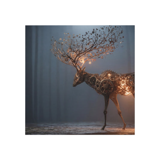 Steampunk Deer Square Magnet – Luminescent Gear Antlers in Twilight Forest