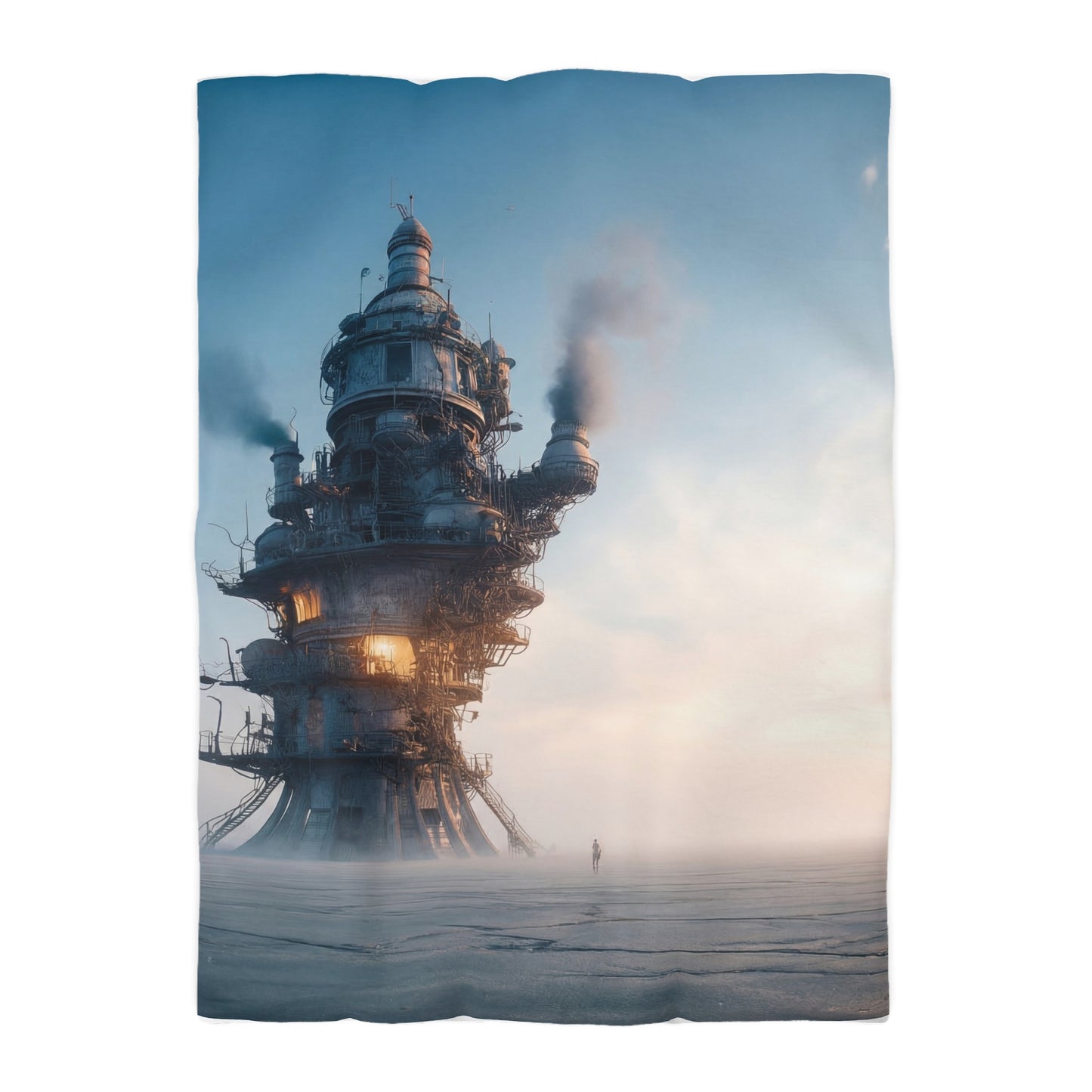 Skyward Steam Tower Microfiber Duvet Cover – A孤独 Sentinel in Dawn’s Hush