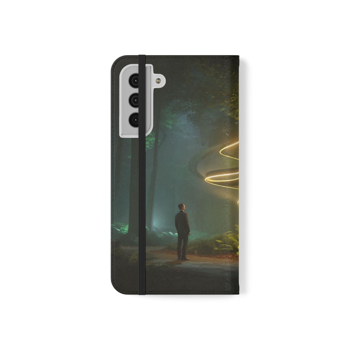 Luminous Spiral Forest Flip Cases – Golden Light Rings Mystery Scene
