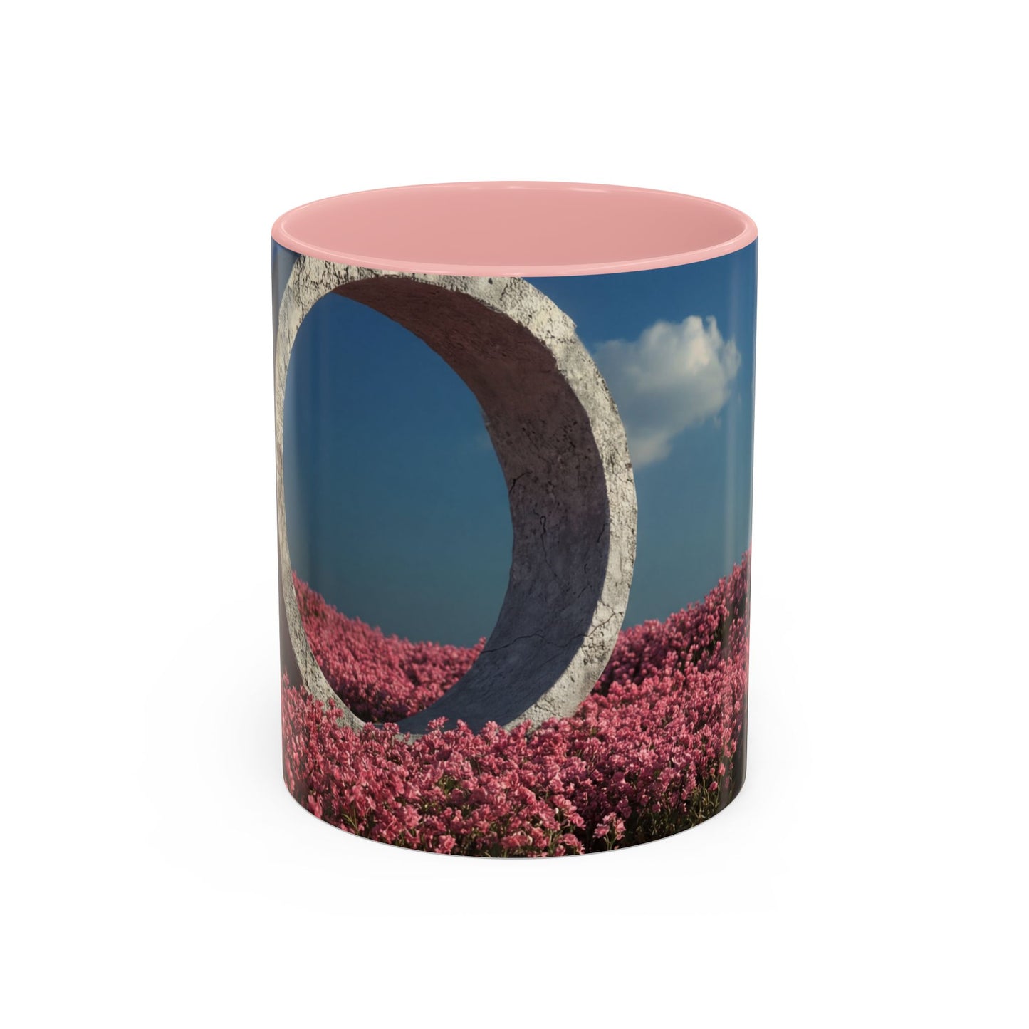 Stone Ring Garden Bloom Accent Coffee Mug – Cracked Concrete Portal in Pink Wildflowers