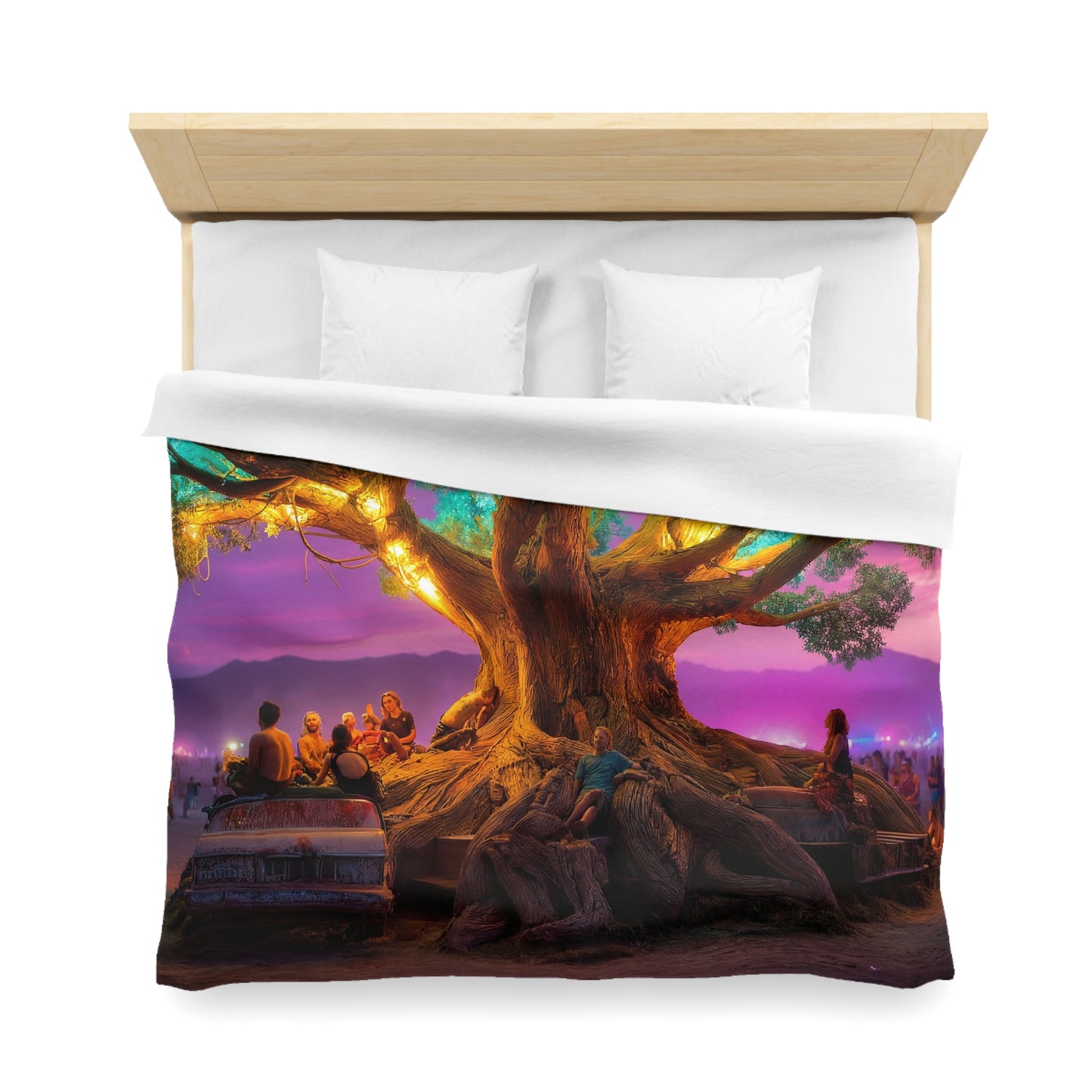Celestial Tree Microfiber Duvet Cover – Twilight Gathering Under Neon Canopy