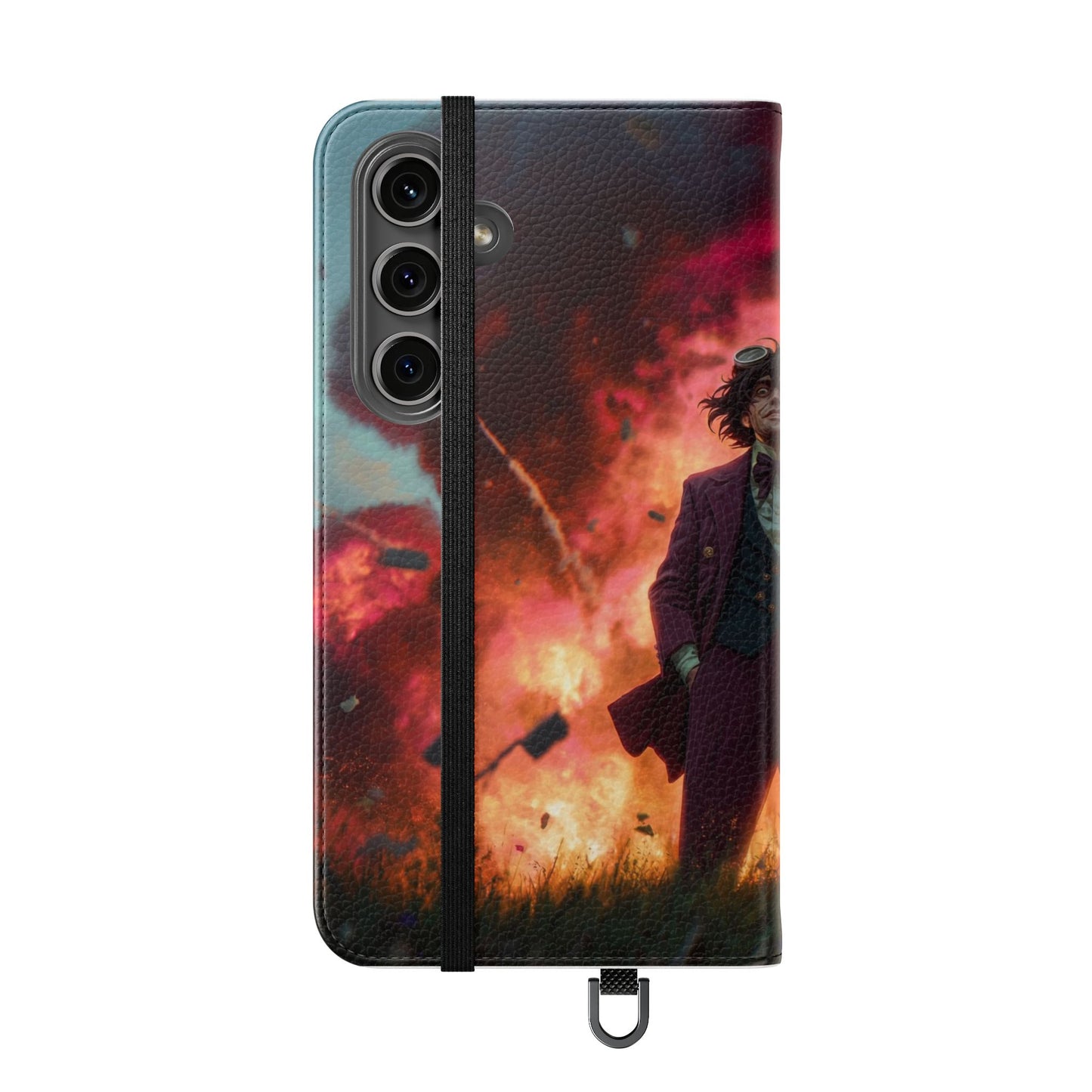 Goggles & Chaos Flip Cases – Purple Suit Amidst Fiery Explosion