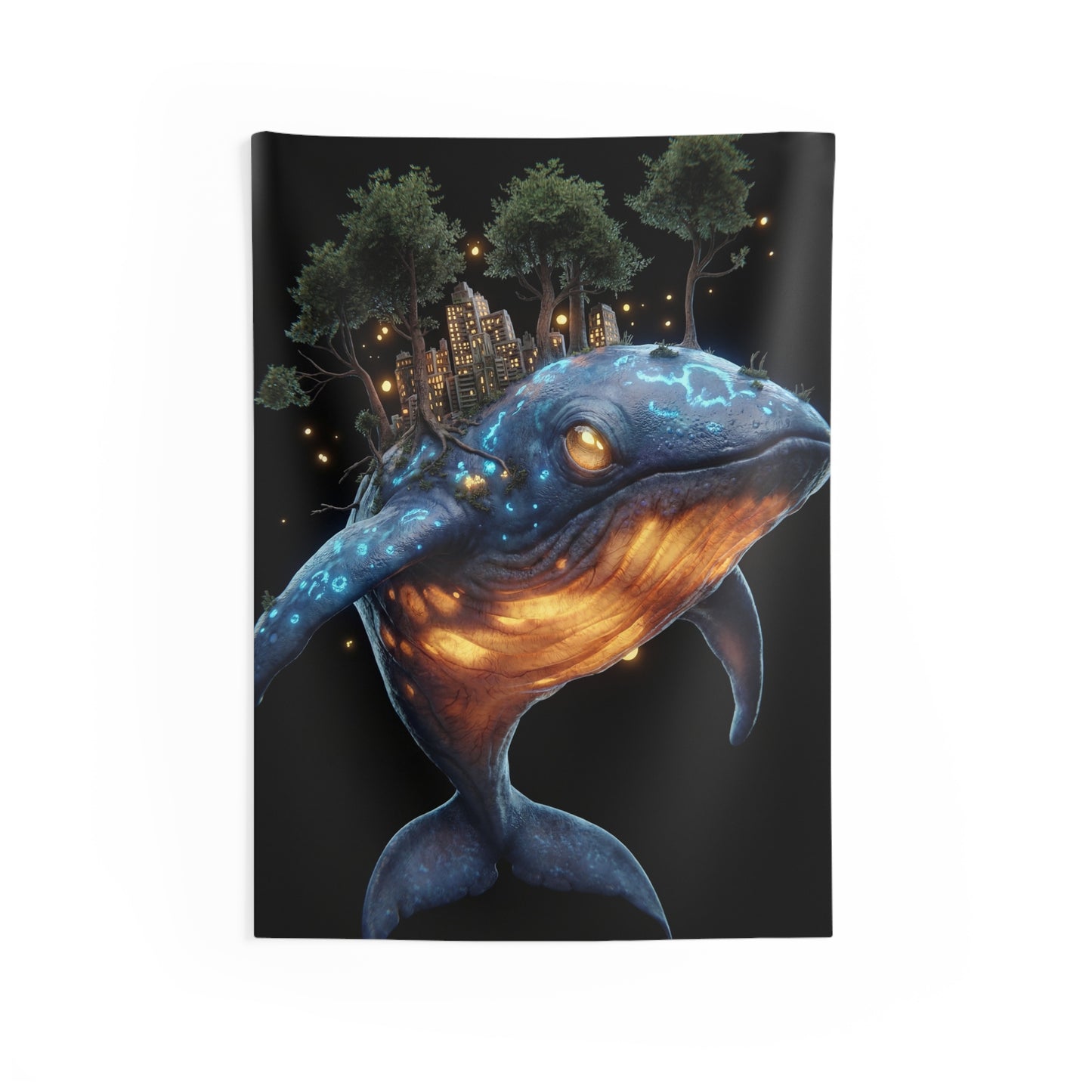 Whalesong Cityscape Indoor Wall Tapestries – Bioluminescent Ocean Guardian