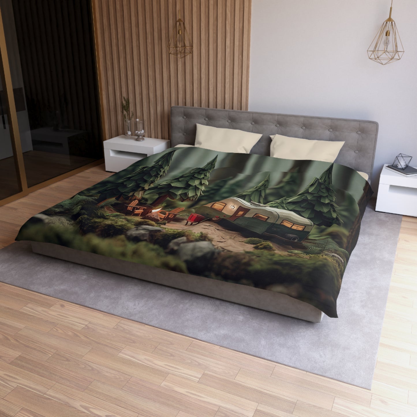 Forest Campfire Trailer Duvet Cover – Cozy Pine Glade Retreat