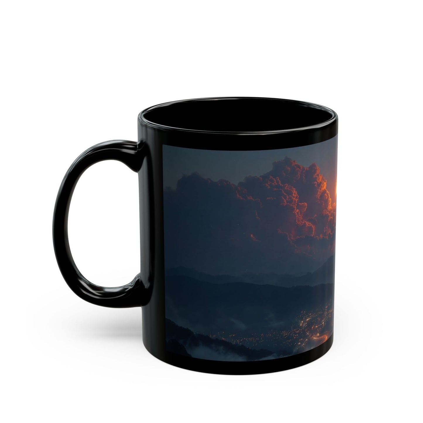 Celestial Fireball Black Mug – Twilight Skyfall Over Mountain Vale