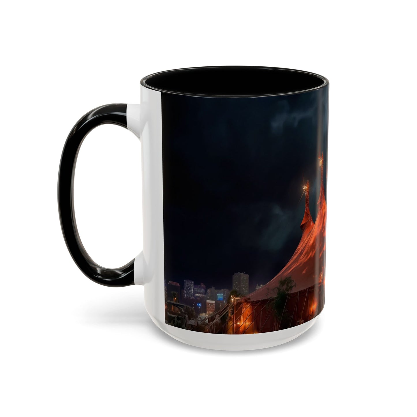 Crimson Circus Tent Accent Coffee Mug (11, 15oz) – Neon Nightscape Under Thunderclouds