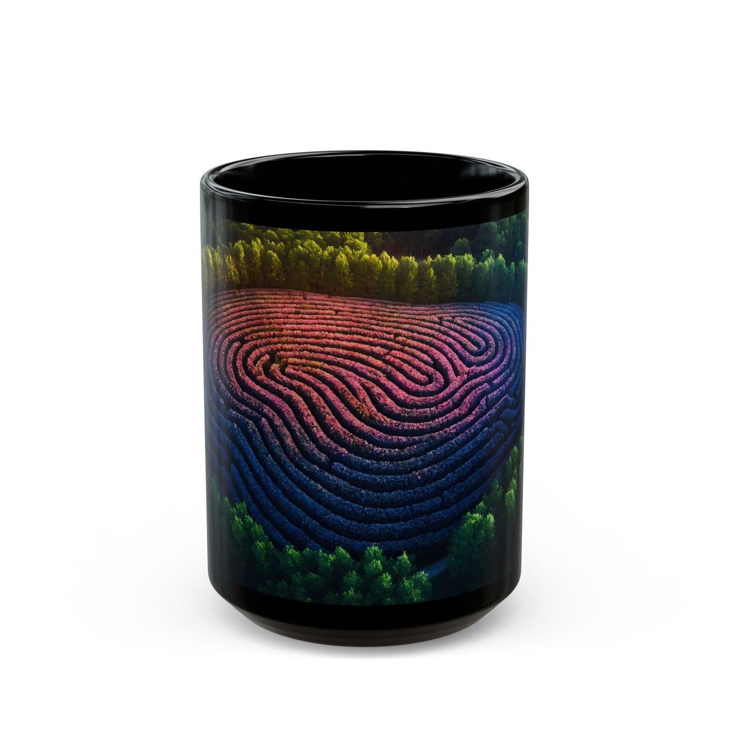 Rainbow Labyrinth Mug – Whimsical Floral Maze in Forest Light