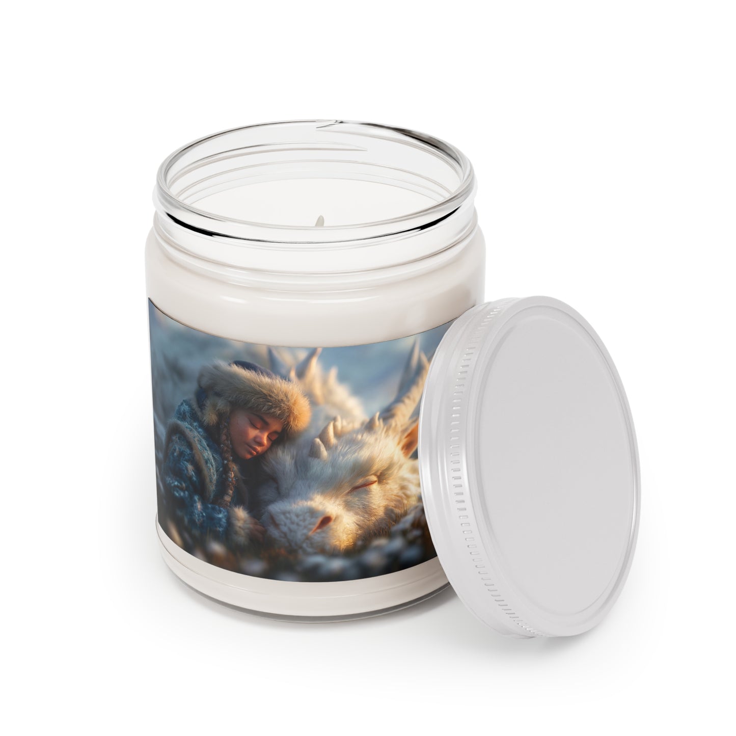 Winter Guardian Scented Soy Candles with White Lid, 9oz – Sunset Embrace with Frost Dragon