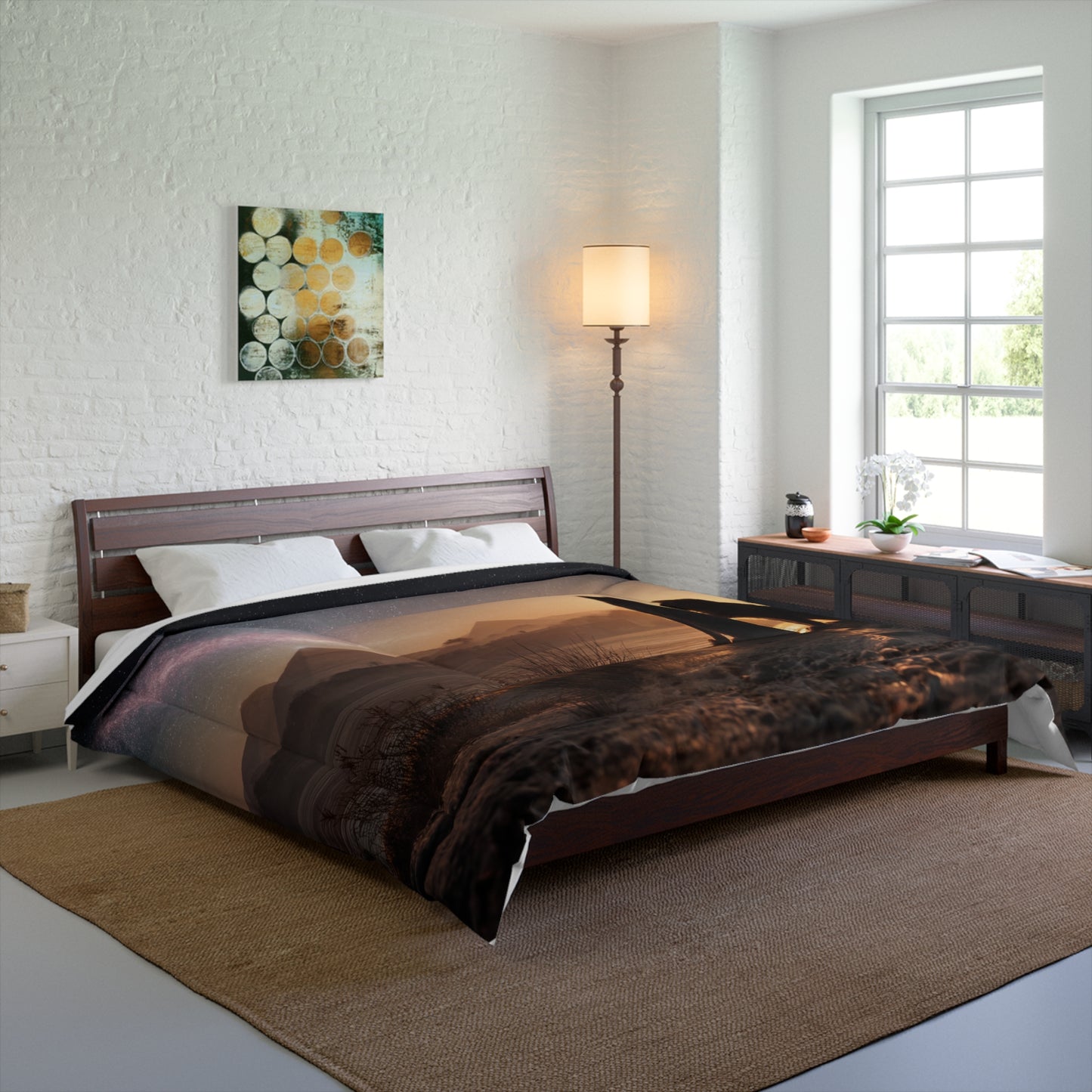 Riverbank Sentinel Comforter – Two Cats Watching Ancient Pyramids