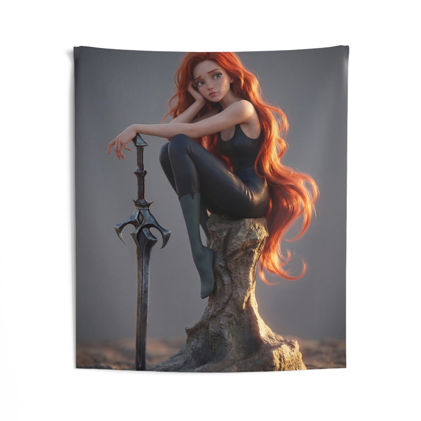 Red-Haired Sentinel Wall Tapestry – Sunset Resting on Ancient Stone
