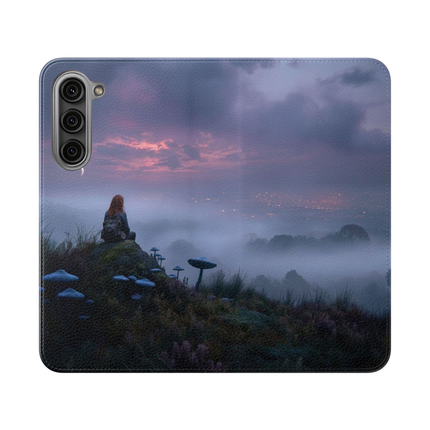 Misty Hilltop Flip Cases – Red-Haired Wanderer at Twilight