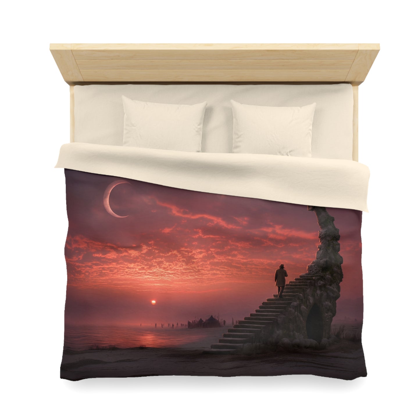 Crimson Horizon Staircase Duvet Cover – Lone Walker at Twilight