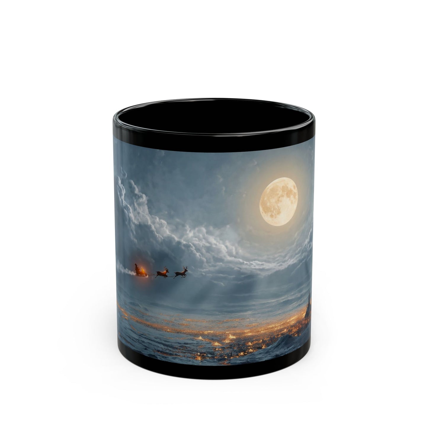 Moonlit Sleigh Ride Black Mug – Winter’s Silent Journey Over Snowy Peaks