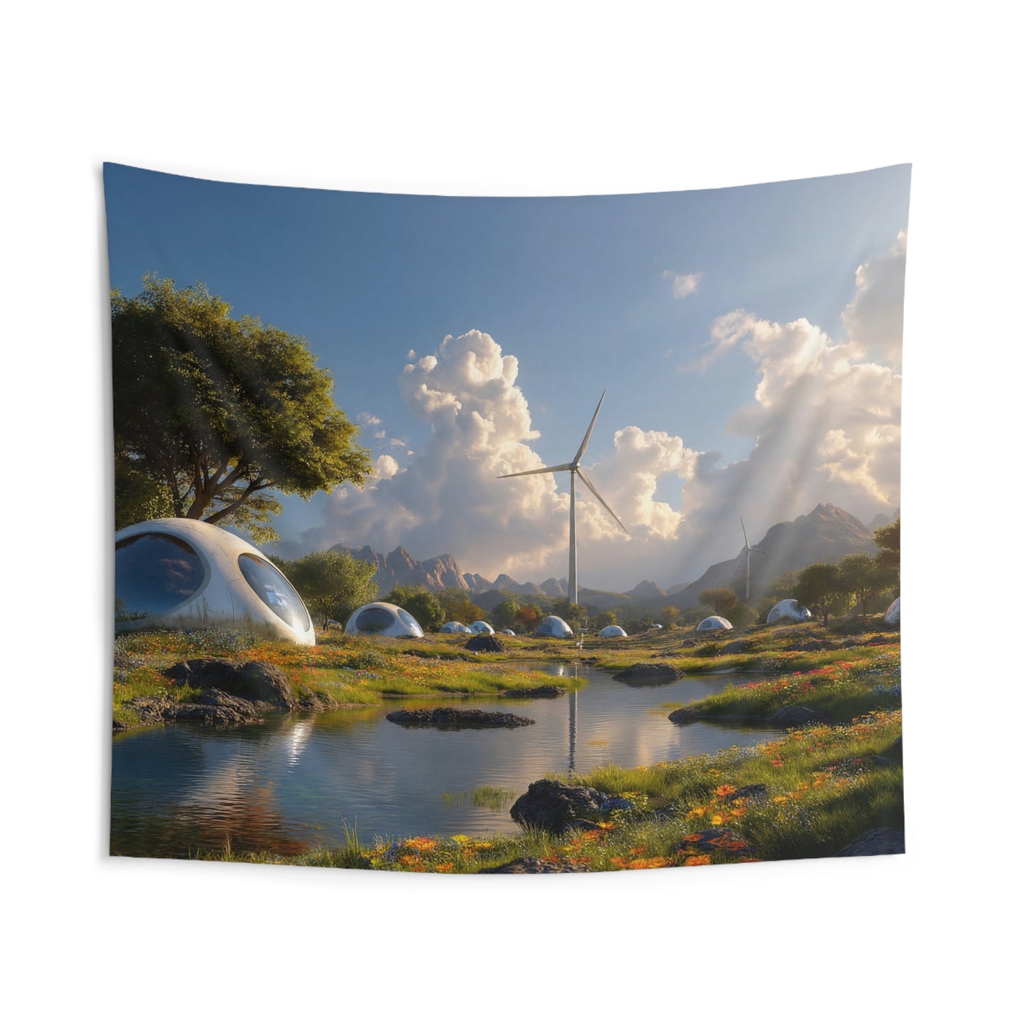 Futuristic Dome Village Indoor Wall Tapestries – Dawn Over Eco-Settlement