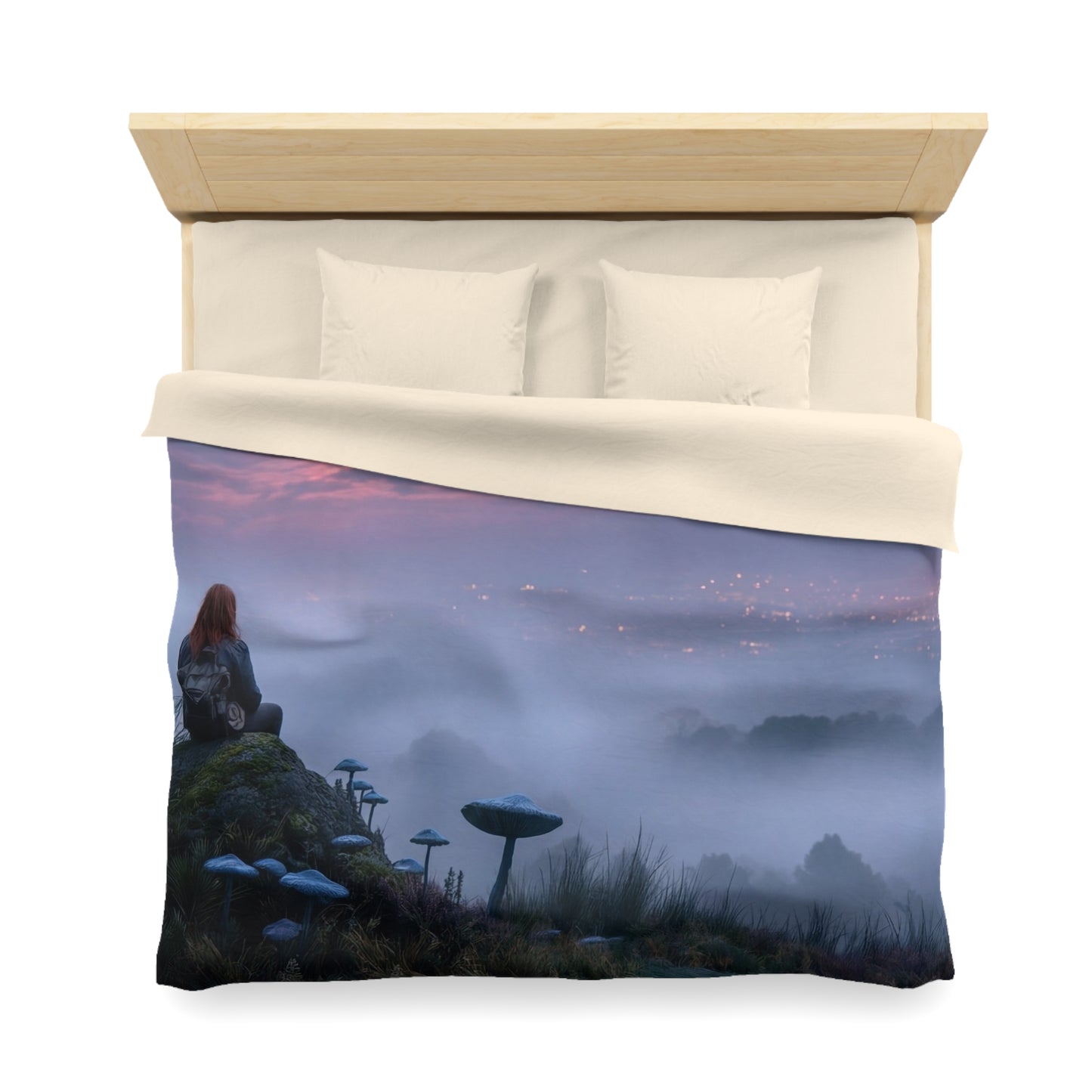 Moonlit Wanderer Microfiber Duvet Cover – Twilight Vista with Bioluminescent Fungi