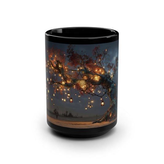 Lantern Tree Black Mug, 15oz – Bioluminescent Grove Sanctuary