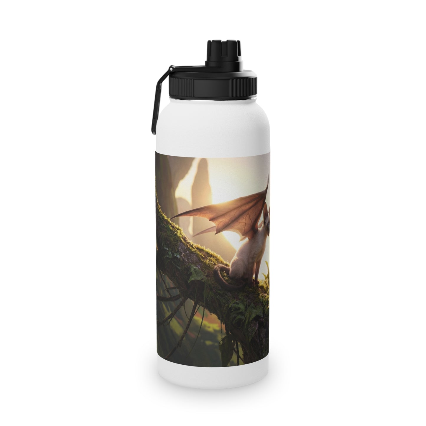Winged Siamese Kittens Stainless Steel Water Bottle, Sports Lid – Sunlit Grove Whispers