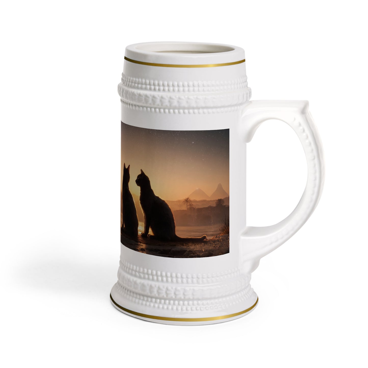 Twin Cats Gazing at Pyramids Stein Mug – Milky Way Sunset Scene