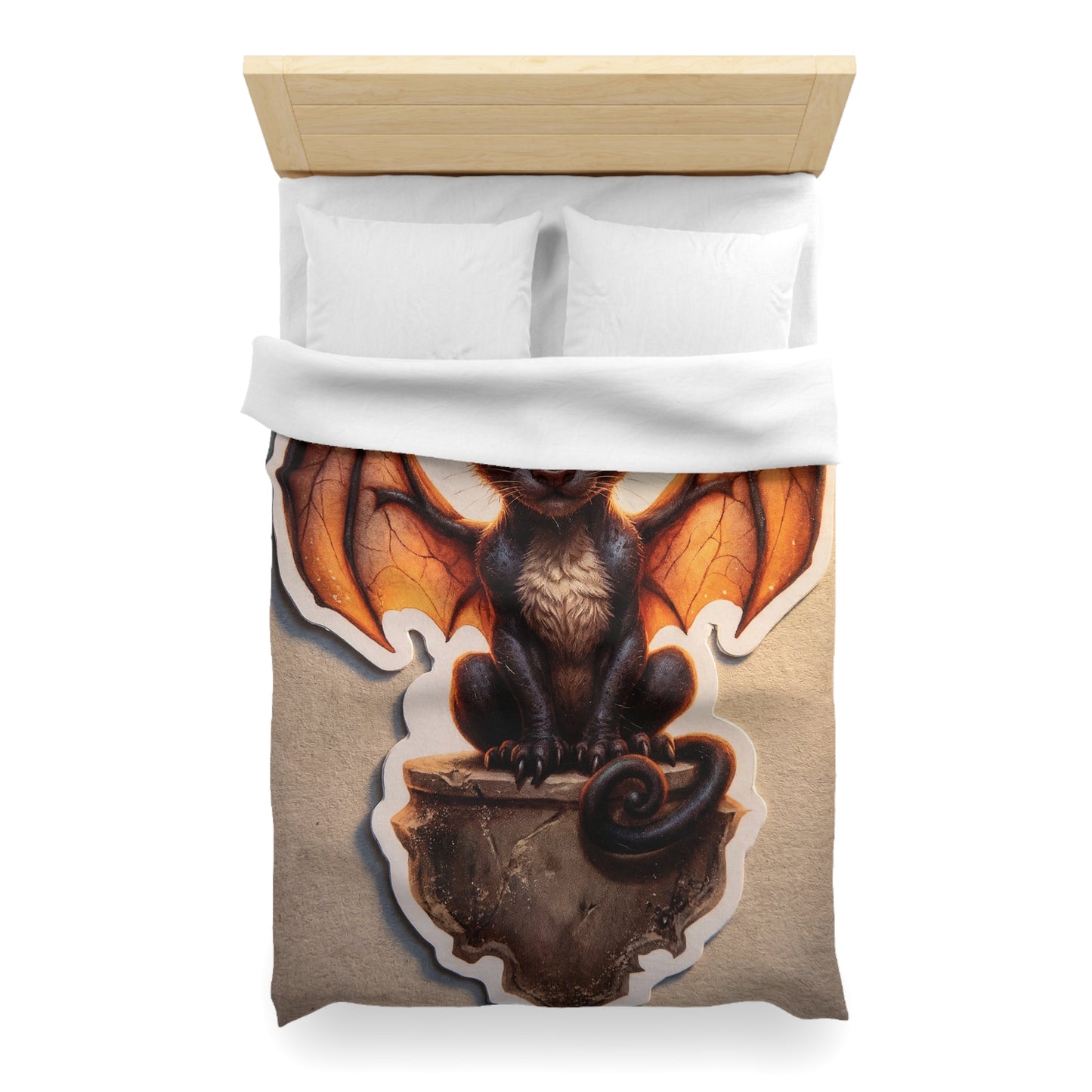 Winged Feline Sentinel Microfiber Duvet Cover – Amber Glow in Shadowed Gaze