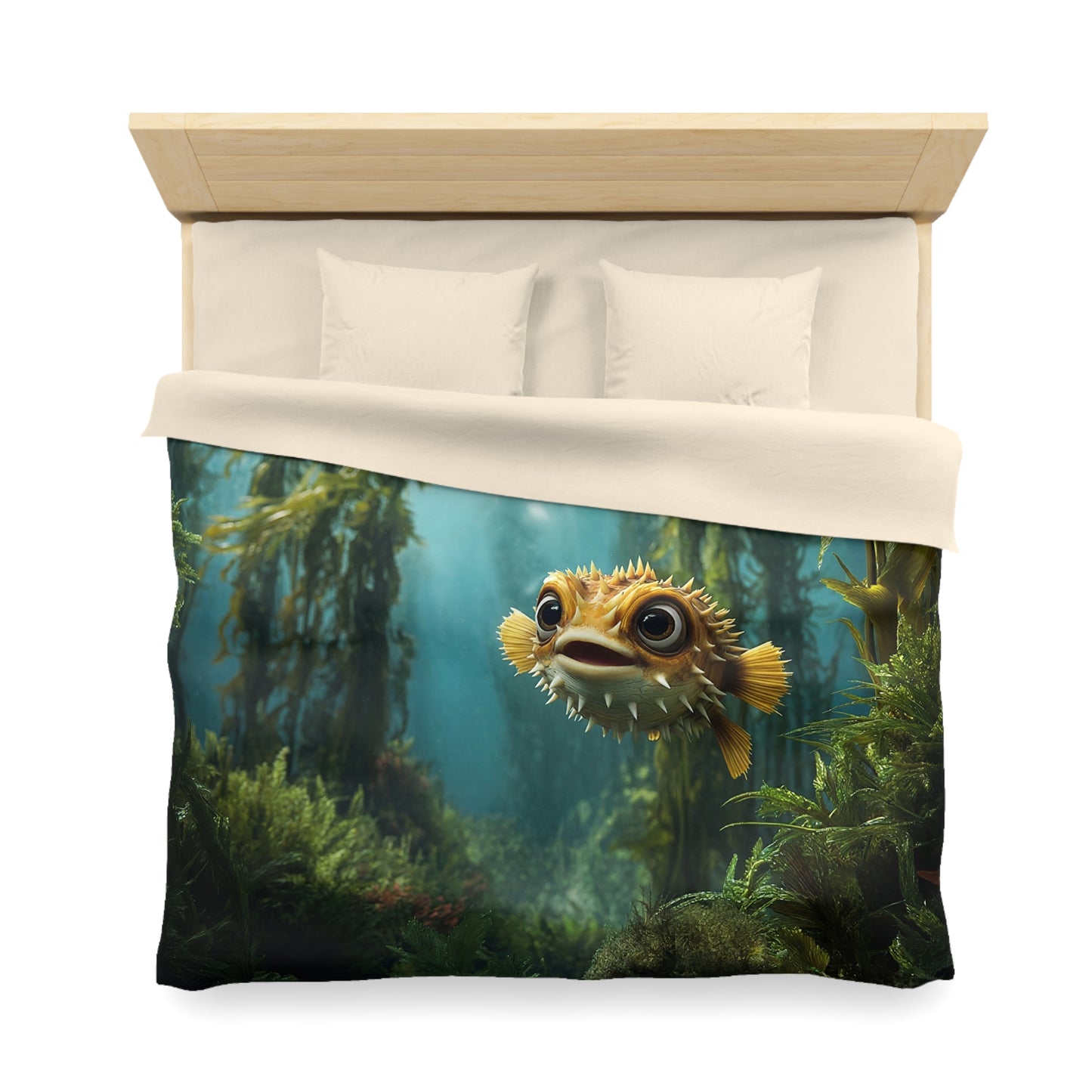 Sunlit Pufferfish Microfiber Duvet Cover – Whispering Kelp Forest Dreamscape