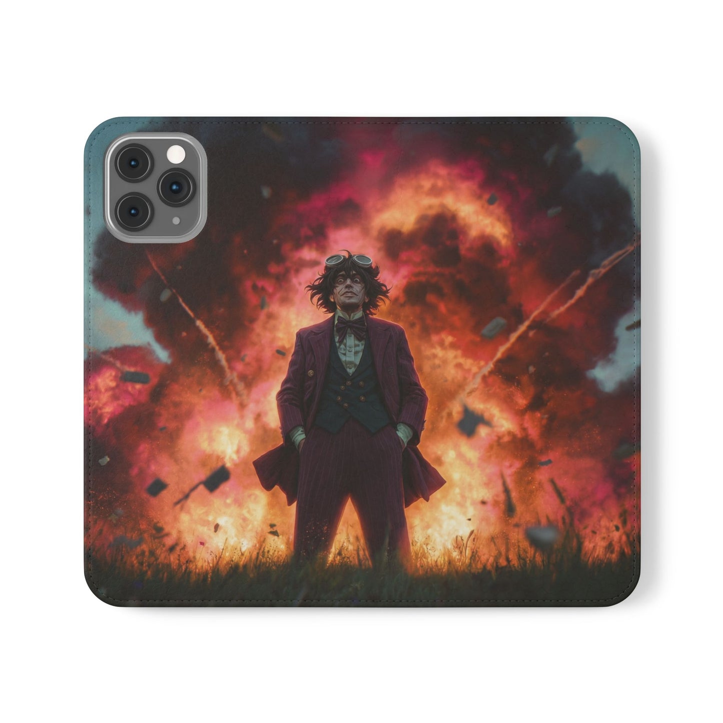 Goggles & Chaos Flip Cases – Purple Suit Amidst Fiery Explosion