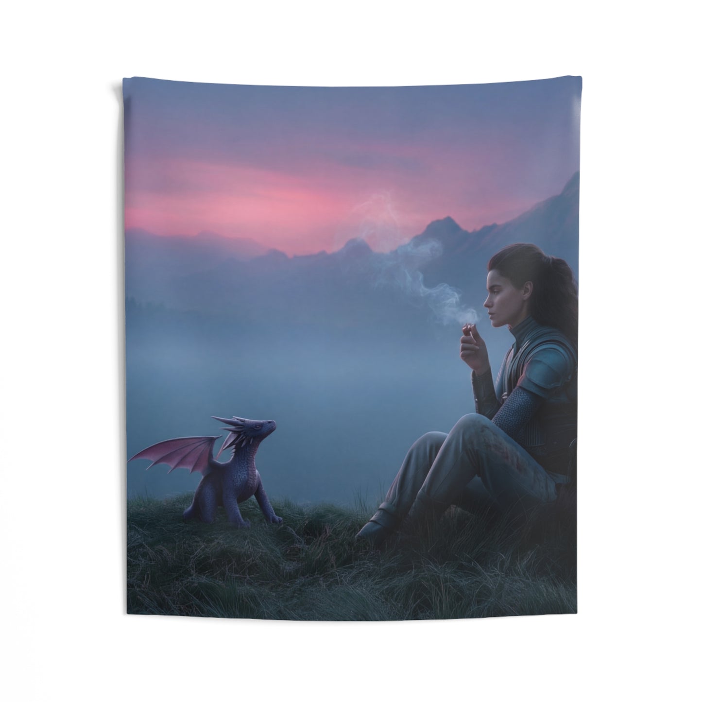 Warrior and Dragon at Dawn Wall Tapestry – Quiet Mountain Vigil