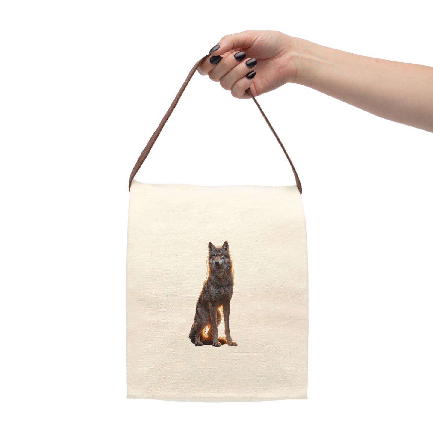 Golden Hour Wolf Canvas Lunch Bag With Strap – Silhouette Sentinel at Dusk