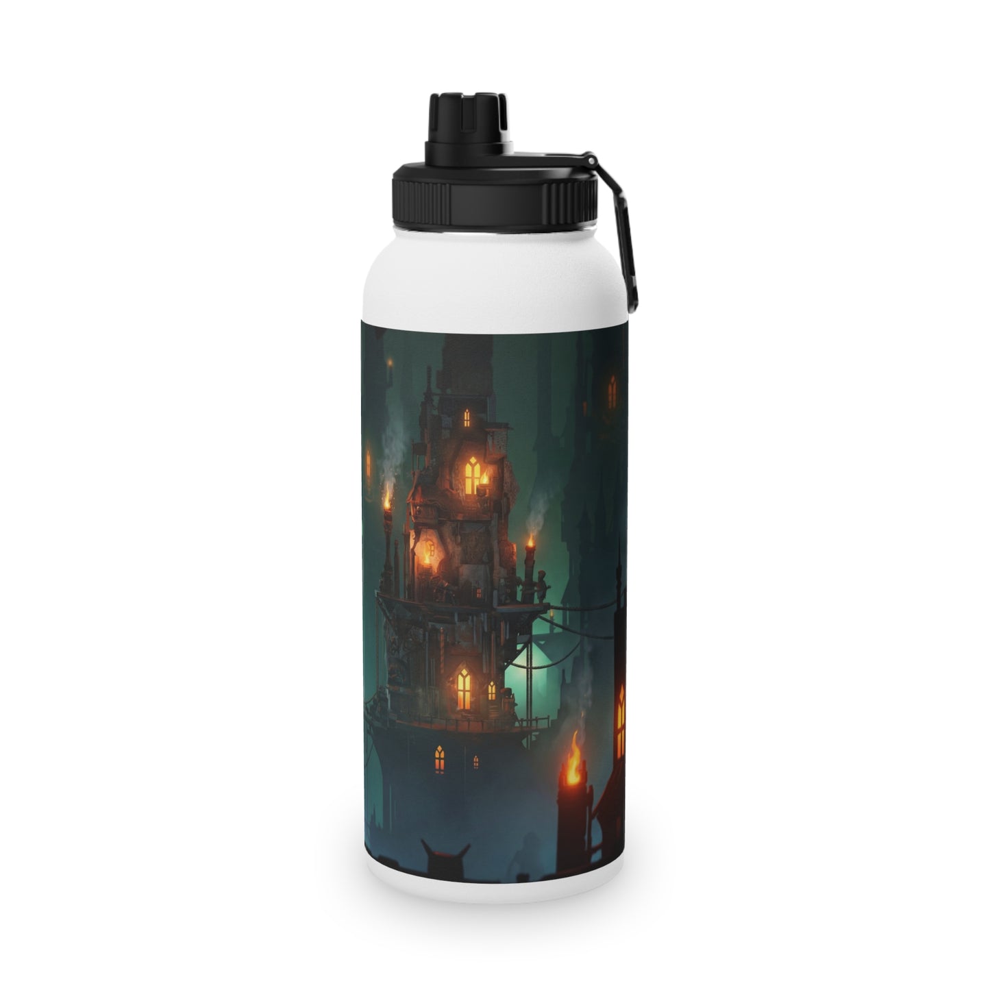 Floating City at Dusk Stainless Steel Water Bottle, Sports Lid – Amber Lights in the Mist