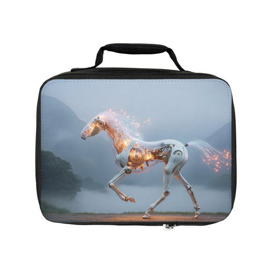 Cyber Horse Lunch Bag – Glowing Circuitry in Misty Mountains