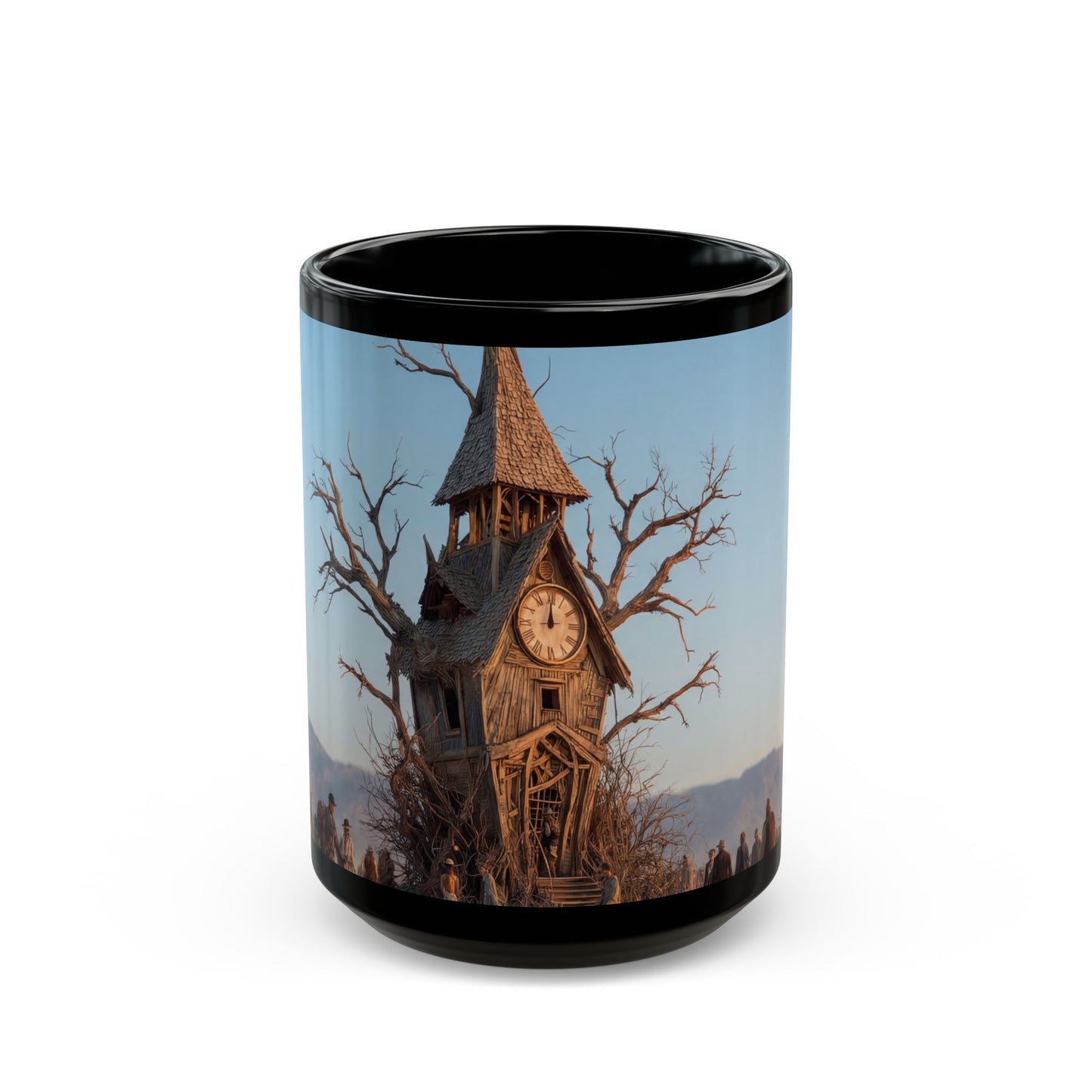Clocktower in the Dust Black Mug – Wandering Timekeeper in the Desert